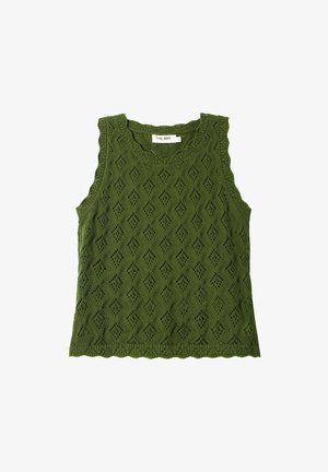 Olivgrünes ärmelloses Oberteil mit einem strukturierten Rautenmuster, gewellten Kanten und einem runden Ausschnitt. Hergestellt aus Strickstoff.