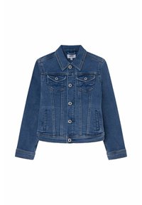 Jeansová bunda v středně modré barvě s klasickým límcem, předním zapínáním na knoflíky, dvěma náprsními kapsami a bočními kapsami; má kontrastní švy.