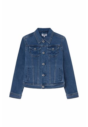 Jeansjack in medium blauw met een klassieke kraag, vooraan met knoopsluiting, twee borstzakken en zijzakken; heeft contrasterend stiksel.