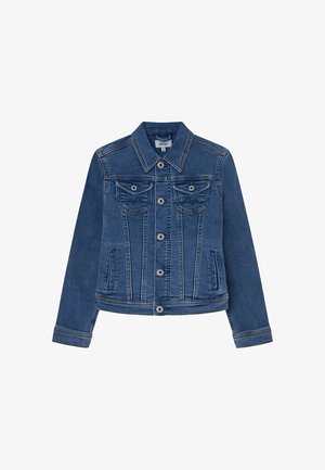 Veste en denim bleu moyen avec un col classique, fermeture à boutons sur le devant, deux poches poitrine et poches latérales ; possède une couture contrastante.