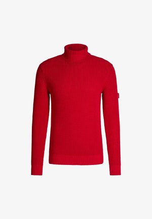 Maglione a collo alto rosso lavorato a maglia con motivo a costine testurizzato, maniche lunghe e orlo aderente. Presenta accenti minimali sulla manica.