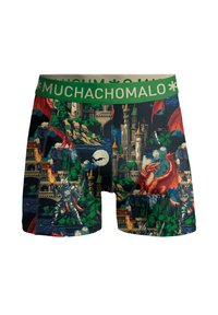 Többszínű fantáziatervvel készült boxeralsó, várakkal, sárkányokkal és lovagokkal. Zöld derékpánt, melyen a "MUCHACHO MALO" felirat található.