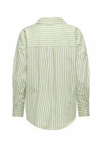 Chemise à manches longues avec des rayures verticales et horizontales vert clair et blanches, avec des poignets boutonnés et un col pointu, vue de l'arrière.