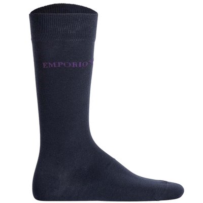 Temno modre nizke nogavice do kolen z gladko teksturo. Na sprednji strani ima vijolični logotip "EMPORIO". Izdelane so iz raztegljivega materiala za udobje.