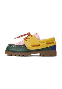 Colorful leather shoe featuring green, yellow, pink, and blue panels, with contrasting laces, a stitched design, and a rugged sole.