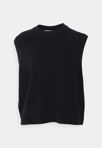 Top nero senza maniche in maglia con scollatura rotonda alta e vestibilità ampia e boxy su sfondo bianco.