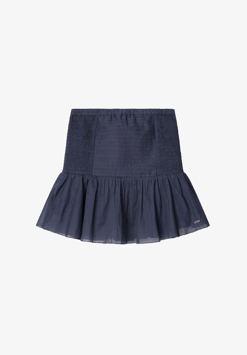 Námořnická rozšířená sukně se smocked spodním dílem a tiered volánkovým lemem. Jemná struktura látky s mírným leskem a elastickým pasem.