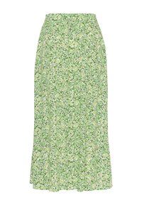 Jupe midi fluide avec petit motif floral vert et blanc et taille élastique froncée.