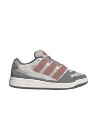 Gray and white sneaker with three pink stripes. Features a mesh upper, suede accents, rubber sole, and textured details on the sides.