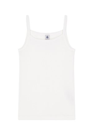 Canotta bianca di cotone con spalline sottili e scollo rotondo, caratterizzata da una piccola etichetta sul lato interno. Tessuto liscio, design semplice.