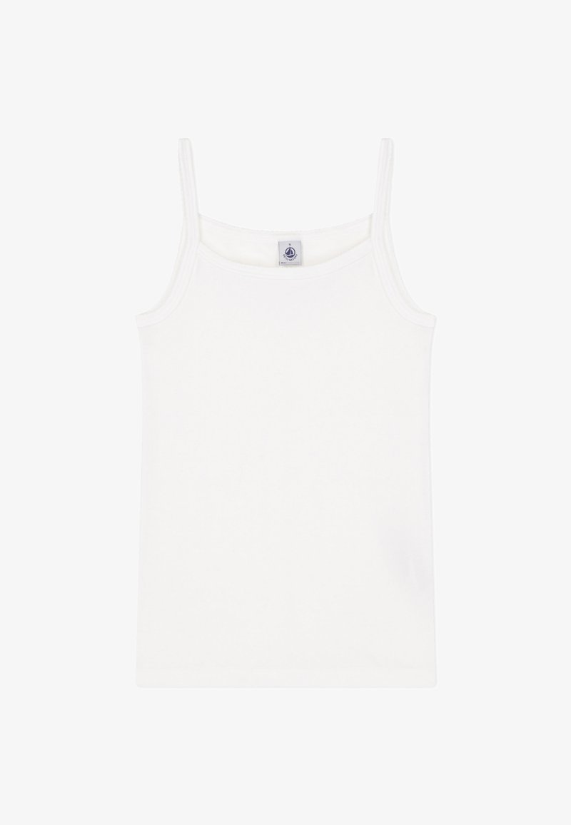 Canotta bianca di cotone con spalline sottili e scollo rotondo, caratterizzata da una piccola etichetta sul lato interno. Tessuto liscio, design semplice.