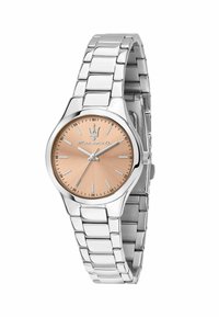 Orologio in acciaio inox argento con quadrante rosa oro, indicatori di ora minimali e finitura lucida. Completo di un design a bracciale collegato.