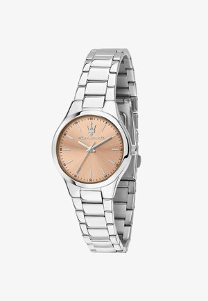 Orologio in acciaio inox argento con quadrante rosa oro, indicatori di ora minimali e finitura lucida. Completo di un design a bracciale collegato.