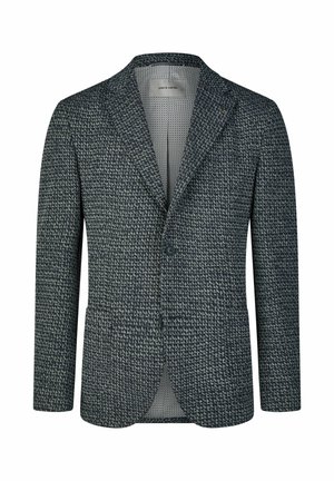 Blazer pour hommes sur mesure en gris foncé à carreaux, avec deux boutons et un revers cranté, étiqueté à l'intérieur avec le nom de la marque.