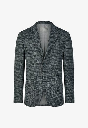 Heren maatwerk donkergrijs geblokt colbert met twee knopen en een notch-revers, aan de binnenkant voorzien van een merketiket.