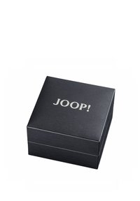 Scatola regalo nera textured con il logo argento "JOOP!" sulla parte superiore, caratterizzata da una forma rettangolare semplice e una chiusura senza cuciture.