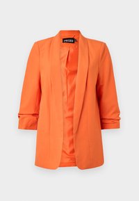 Orange blazeren med en glat tekstur, åben front og rullede trekvartærmer. Har en skræddersyet pasform og et enkelt, klassisk design.