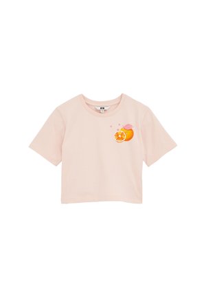 Ljusrosa t-shirt med kort ärm gjord av bomull, med rund halsringning och en färgglad grafik av apelsin och citron samt dekorerande stjärnor.