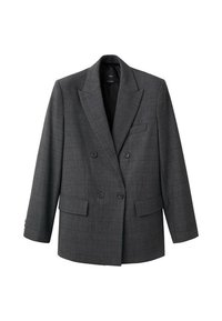 Blazer gris de corte cruzado con un patrón a cuadros. Presenta solapas de pico, dos bolsillos en la parte frontal y puños abotonados. La tela tiene una textura suave.