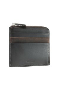 Black leather wallet with brown accents, featuring multiple card slots and a zippered compartment. Smooth texture and minimalist design.