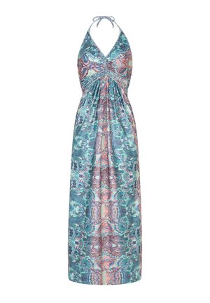 Maxikleid mit Blumenmuster und Neckholder, mit mehrfarbigem Paisley-Muster, geraffter Taille und fließendem Stoff.