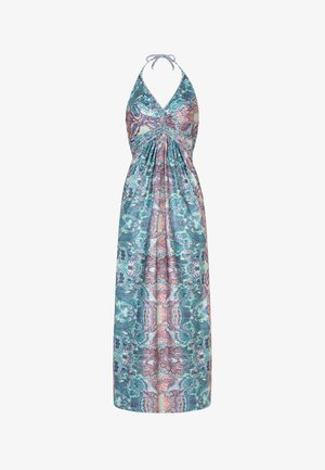 Maxikleid mit Blumenmuster und Neckholder, mit mehrfarbigem Paisley-Muster, geraffter Taille und fließendem Stoff.