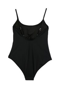 Maillot de bain noir une pièce avec des bretelles réglables, en tissu doux, de forme triangulaire, et des accents en acier inoxydable argenté sur les côtés.