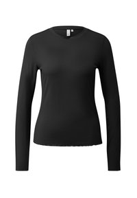 Zwart langemouwen T-shirt gemaakt van gladde stof, met een ronde halslijn en een aansluitend ontwerp, met een heuplengte snit en zonder zichtbare accenten.