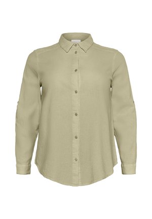 Lys beige, langermet knappe-skjorte med spiss krage og mansjetter, vist flatt mot hvit bakgrunn.