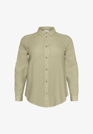 Lys beige, langermet knappe-skjorte med spiss krage og mansjetter, vist flatt mot hvit bakgrunn.