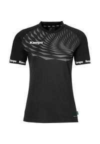 Zwarte sportshirt met korte mouwen, voorzien van een draaiend geometrisch patroon in grijs en het "Kempa" logo in het wit op de borst en mouwen.