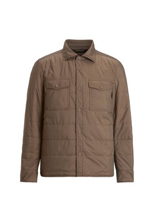Veste matelassée marron avec un avant à boutons, deux poches poitrine avec rabats et un design de col classique. Texture lisse et matériau léger.