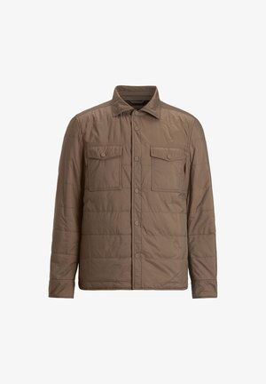 Brown quilted jacket featuring a button-up front, two chest pockets with flaps, and a classic collar design. Smooth texture and lightweight material.
