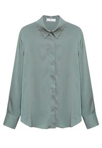 Blouse à manches longues vert gris clair avec col pointu, devant boutonné et larges poignets sur fond blanc.