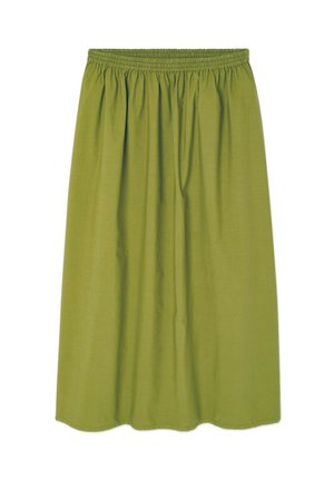 Gonna verde con elastico in vita, dal design fluido, realizzata in tessuto leggero, con una texture liscia e un taglio a metà ginocchio.