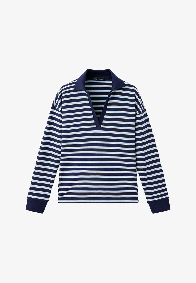 Chemise à manches longues rayée bleu marine et blanc avec un col en V profond et des poignets et col bleu marine unis.
