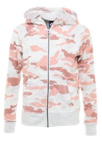 Felpa con cappuccio e zip nei toni del rosa e grigio a motivo camouflage, realizzata in tessuto morbido con tasche frontali e logo Nike bianco.