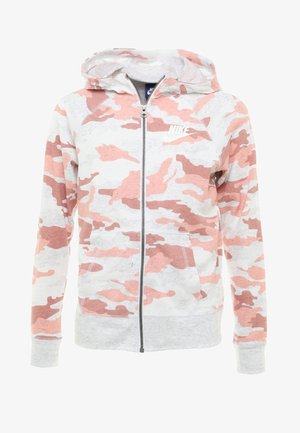 Felpa con cappuccio e zip nei toni del rosa e grigio a motivo camouflage, realizzata in tessuto morbido con tasche frontali e logo Nike bianco.
