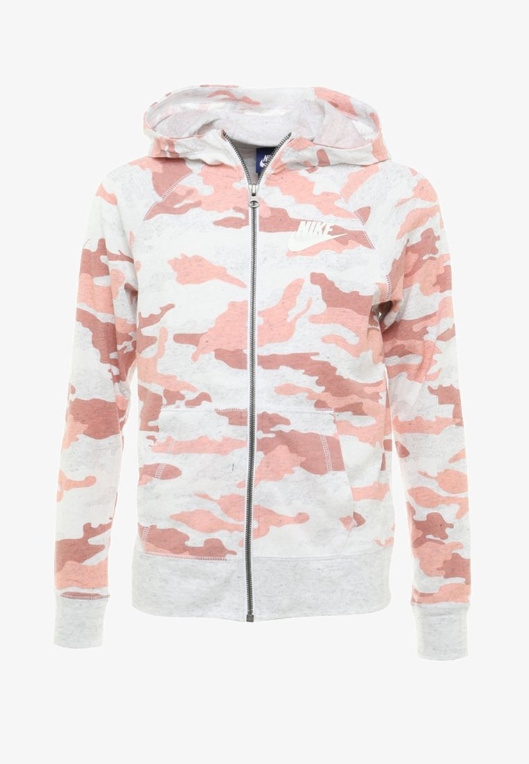 Felpa con cappuccio e zip nei toni del rosa e grigio a motivo camouflage, realizzata in tessuto morbido con tasche frontali e logo Nike bianco.