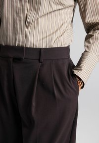 Hnědé kalhoty s skladbami, kombinované s proužkovanou béžovou košili. Tkanina vypadá hladce, ukazuje dobře padnoucí střih a elegantní pas.
