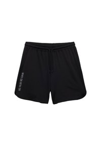 Sorte atletiske shorts med elastisk talje, snore og sideslids. "NO PAIN NO GAIN" trykt i grå på venstre side.