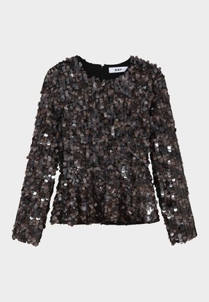 Haut noir à manches longues couvert de sequins noirs brillants, avec un col rond et une taille cintrée.