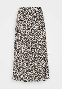 Jupe midi plissée en tissu léger avec un motif léopard noir et rose sur fond crème, dotée d'une taille élastique.