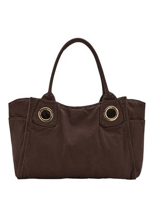 Sac cabas en tissu brun foncé avec deux anses et des œillets circulaires dorés près de la base des anses.