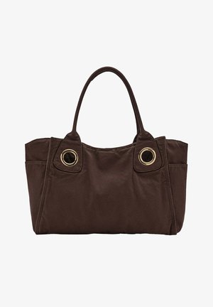 Bolsa de tela marrón oscuro con dos asas y detalles de ojales circulares dorados cerca de la base de las asas.