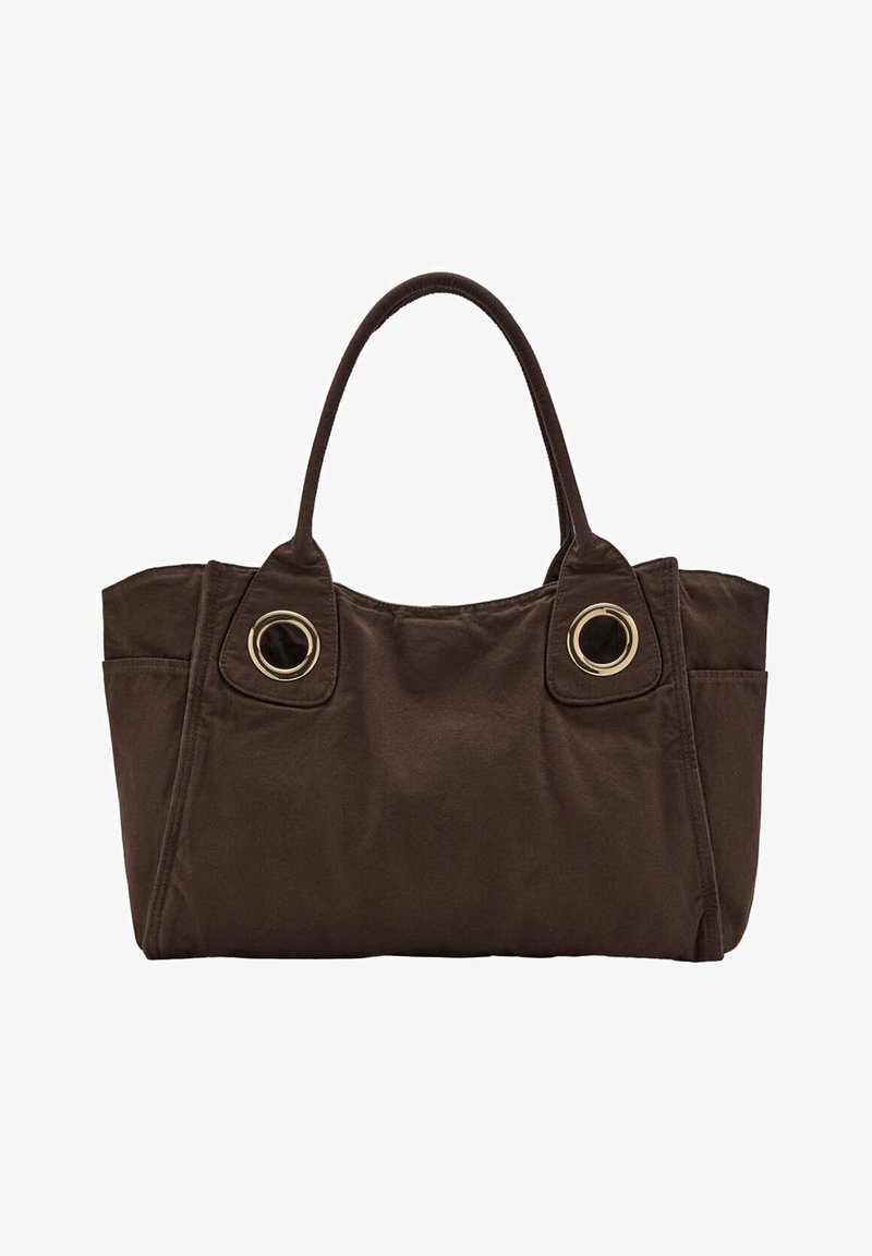 Sac cabas en tissu brun foncé avec deux anses et des œillets circulaires dorés près de la base des anses.