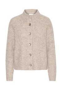 Cárdigan de punto beige con mangas largas, cuello alto acanalado y cinco grandes botones redondos en el frente.