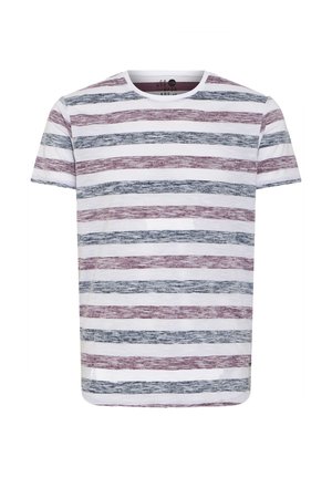 Stripet T-skjorte laget av myk bomull. Har horisontale røde, blå og hvite striper med rund hals og korte ermer.