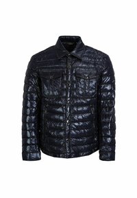 Veste matelassée bleu marine avec une finition brillante, dotée de deux poches poitrine, d'une fermeture éclair à l'avant et de boutons-pression. Design texturé et matelassé.