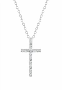 Hõbedast ristiga ripatsiga kaelakee läikiva viimistlusega, kaetud läbipaistvate vääriskividega, ripub peenelt kettlinkidelt.